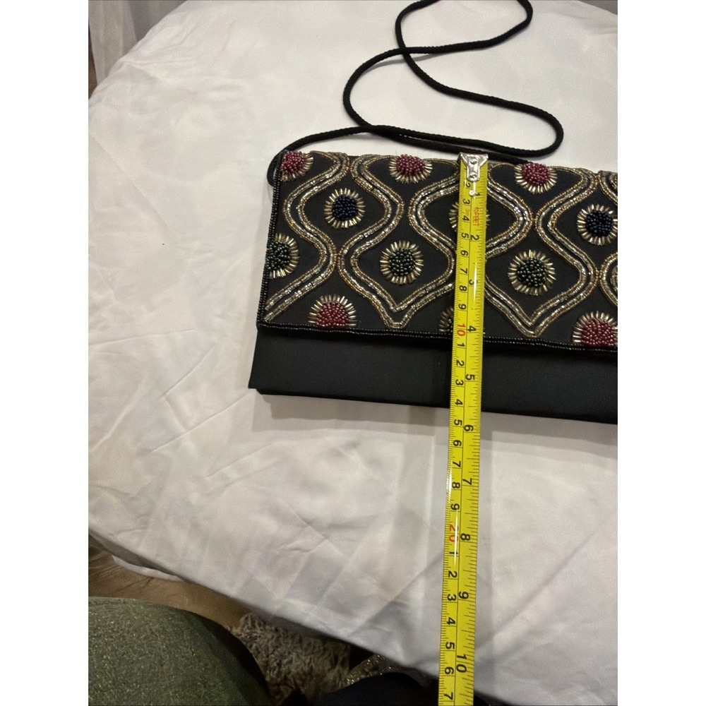 Vintage Carla Marchi Beaded Evening Clutch Black Satin Shoulder Bag - Picture 2 of 10